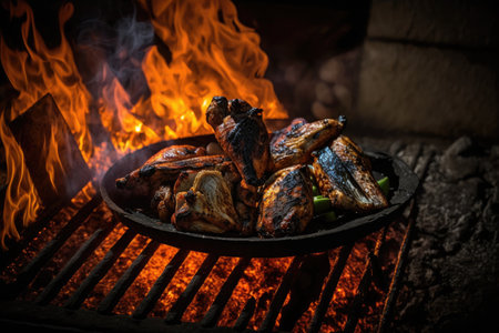 coals and chicken wings lying on wooden backyard grill, created with generative aiの素材
