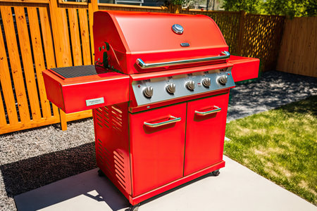 bright red new outdoor grill in suburban backyard, created with generative aiの素材