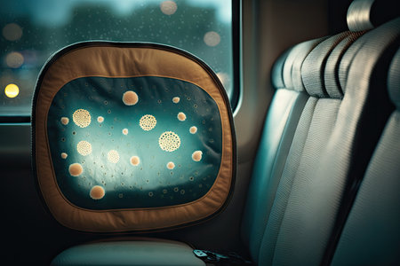 close-up of bacteria on bus seat, with the view out the window, created with generative aiの素材