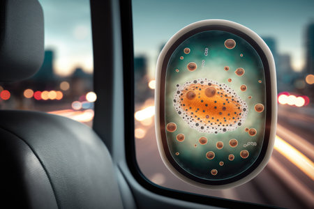 close-up of bacteria on bus seat, with bustling background of city traffic visible through the window, created with generative aiの素材