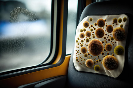 close-up of bacteria on bus seat, with the view outside blurred by movement, created with generative aiの素材