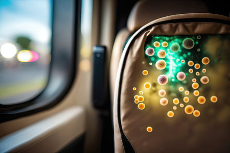 close-up of bacteria on bus seat, with the view outside blurred by movement, created with generative aiの素材