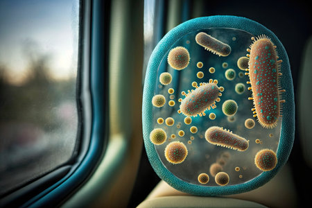 close-up of bacteria on bus seat, with the view outside blurred by movement, created with generative aiの素材