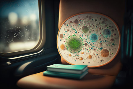 close-up of bacteria on bus seat, with magnifying glass in the foreground, created with generative aiの素材