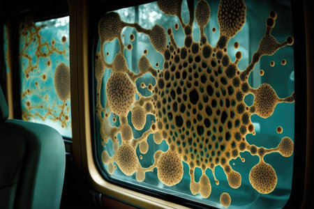 bus cabin with bacteria growing on the window, creating intricate patterns and shapes, created with generative aiの素材