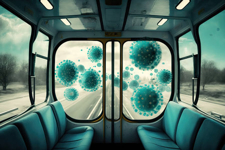 bus with windows open, allowing the fresh air to circulate and clear away bacteria, created with generative aiの素材