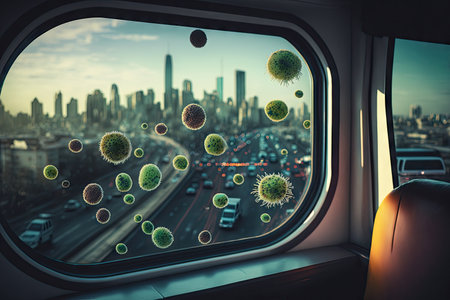bacteria growing on the windows of a bus, with cityscape in the background, created with generative aiの素材