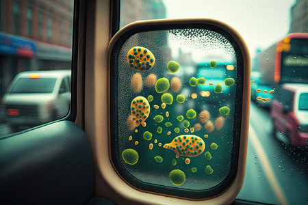 bacteria on the bus window, with view of busy city street, created with generative aiの素材