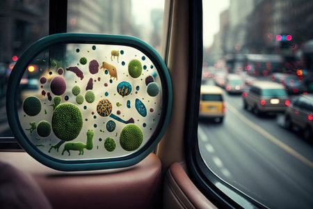 bacteria on the bus window, with view of busy city street, created with generative aiの素材