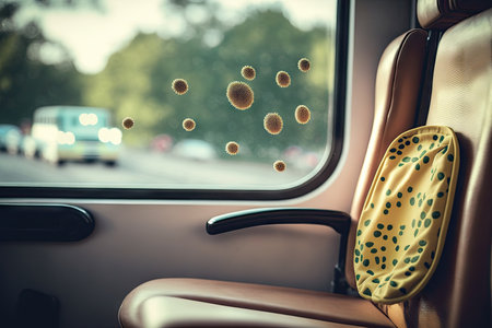 close-up of bacteria on seat, with view of bus window in the background, created with generative aiの素材