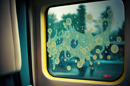 bacteria growing on the window of a moving bus, created with generative aiの素材