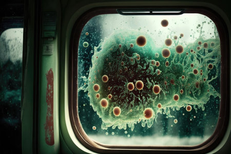 bacteria growing on the window of a moving bus, created with generative aiの素材