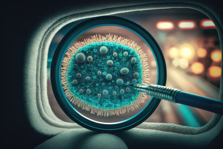 close-up of bacteria in the bus cabin, with magnifying glass and tweezers for close inspection, created with generative aiの素材