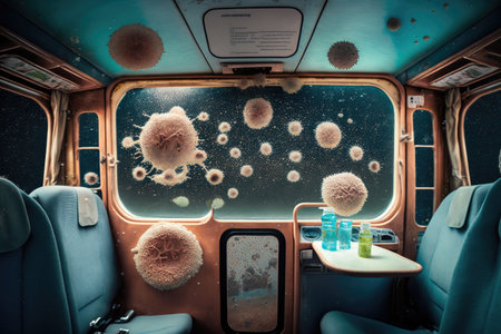a bus cabin covered in bacteria, with individual microbes visible, created with generative aiの素材