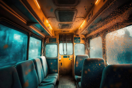 bus cabin with visible streaks of bacteria and filth, created with generative aiの素材