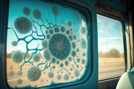 bacteria growing on windowpane of bus cabin, creating intricate patterns, created with generative aiの素材