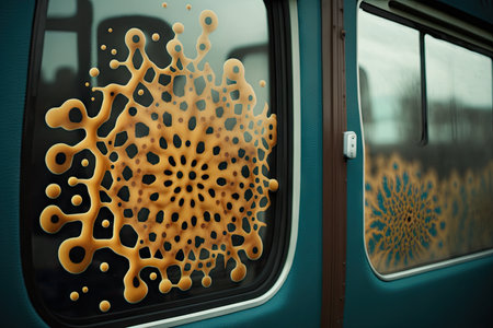 bacteria growing on windowpane of bus cabin, creating intricate patterns, created with generative aiの素材