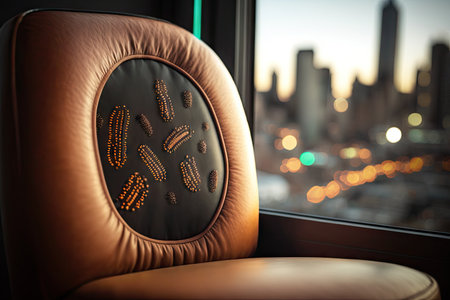 close-up of bacteria on leather seat, with view of city scenery visible through the window, created with generative aiの素材