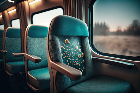 bus cabin with close-up of bacteria on seat, armrests, and window, created with generative aiの素材
