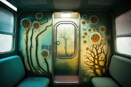 bus cabin with bacteria and fungi thriving on the walls, created with generative aiの素材