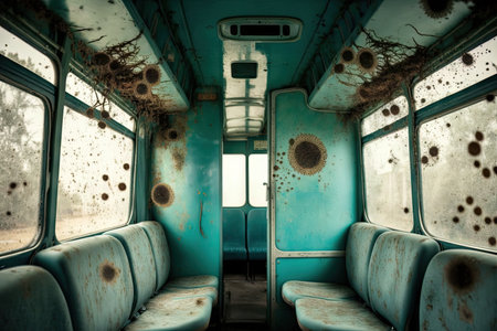 bus cabin with bacteria and fungi thriving on the walls, created with generative aiの素材