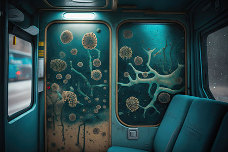 bus cabin with bacteria and fungi thriving on the walls, created with generative aiの素材