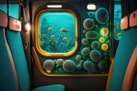 the bacteria in the cabin of a bus, visible under the microscope, created with generative aiの素材