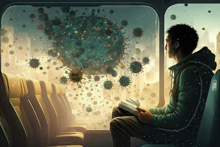 person, sitting on bus with view of busy cityscape, surrounded by swarm of bacteria, created with generative aiの素材