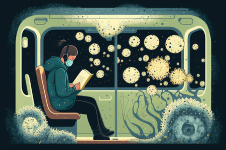 person, reading book on bus, surrounded by bacteria and other microorganisms, created with generative aiの素材