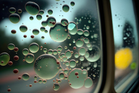 close-up of bacteria on the bus window, with droplets of rain visible outside, created with generative aiの素材