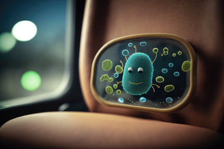 close-up of bacteria on bus seat, with magnifying glass in the background, created with generative aiの素材
