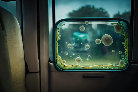 a bus cabin, with a close-up of bacteria growing on the window glass, created with generative aiの素材