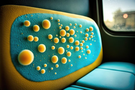 close-up of bacteria on bus seat, with droplets of moisture behind, created with generative aiの素材