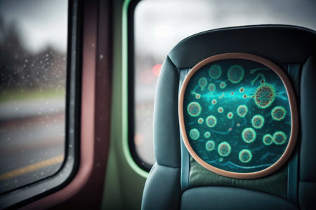 close-up of bacteria on bus seat, with the view through the window in the background, created with generative aiの素材