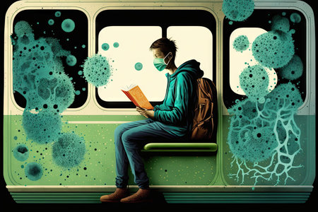 person, sitting on bus with book in hand, surrounded by bacteria, created with generative aiの素材