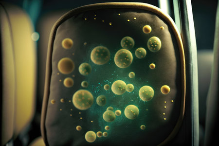close-up of bacteria on bus seat, with droplets of moisture visible, created with generative aiの素材