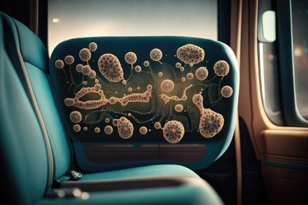 a microscopic view of bacteria on the seat of a bus, with its intricate structures visible, created with generative aiの素材
