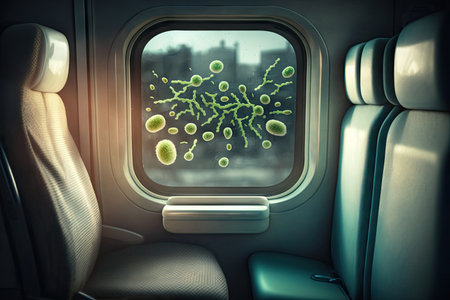 bus cabin with visible bacteria and other microbes on window, seat, and floor, created with generative aiの素材