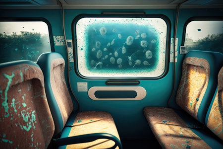 bus cabin with visible bacteria and other microbes on window, seat, and floor, created with generative aiの素材