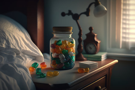 a jar of cough drops on a bedside table, created with generative aiの素材