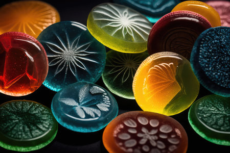 close-up of colorful and flavored cough drops, created with generative aiの素材