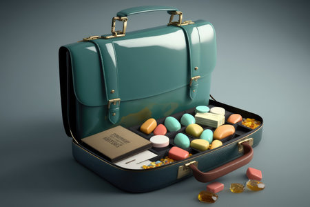 briefcase, filled with cough drops and other essentials for a day of business meetings, created with generative aiの素材