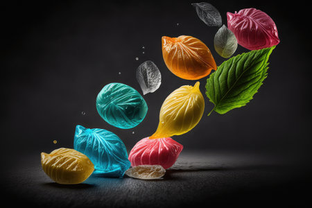 cough drops of various colors and flavors on black background, created with generative aiの素材