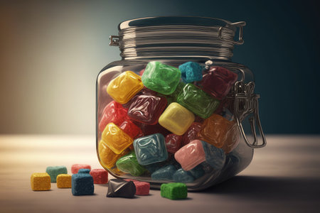 clear glass jar filled with different flavors of cough drops, created with generative aiの素材