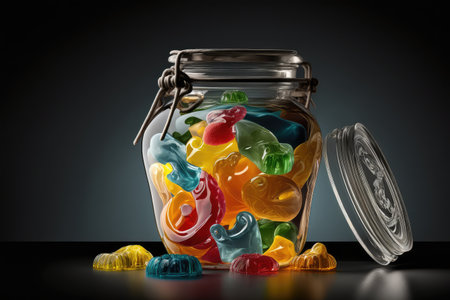 clear glass jar filled with different flavors of cough drops, created with generative aiの素材