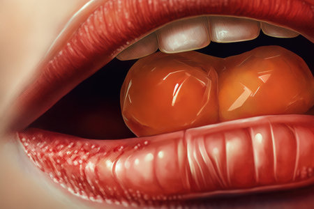 close-up of persons lips, with cough drop in place to soothe a sore throat, created with generative aiの素材