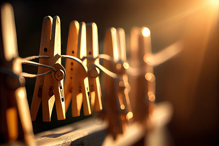 close-up of clothespins on line, with sunlight shining through, created with generative aiの素材