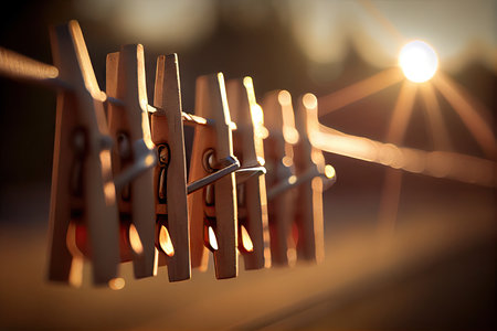 close-up of clothespins on line, with sunlight shining through, created with generative aiの素材