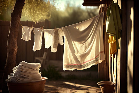 clothesline with freshly dried towels and linens, ready for guests, created with generative aiの素材