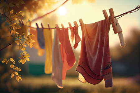a clothesline in a warm and sunny outdoor setting, with the wind gently blowing, created with generative aiの素材